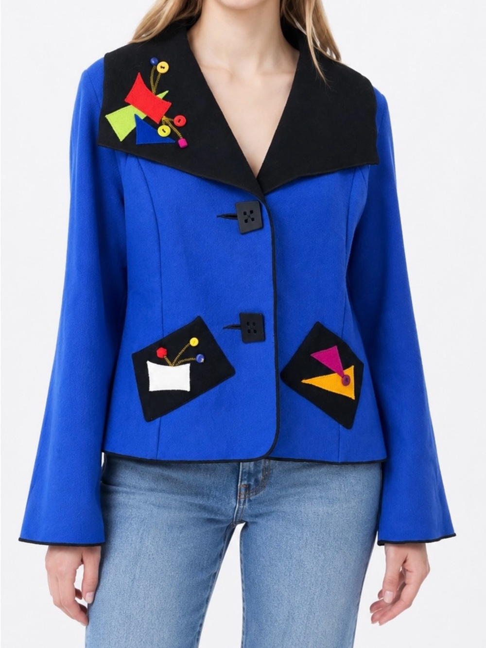 MaryLou Ozbolt Storer Wool Wearable Art Jacket S Blue Geometric Vintage-Inspired